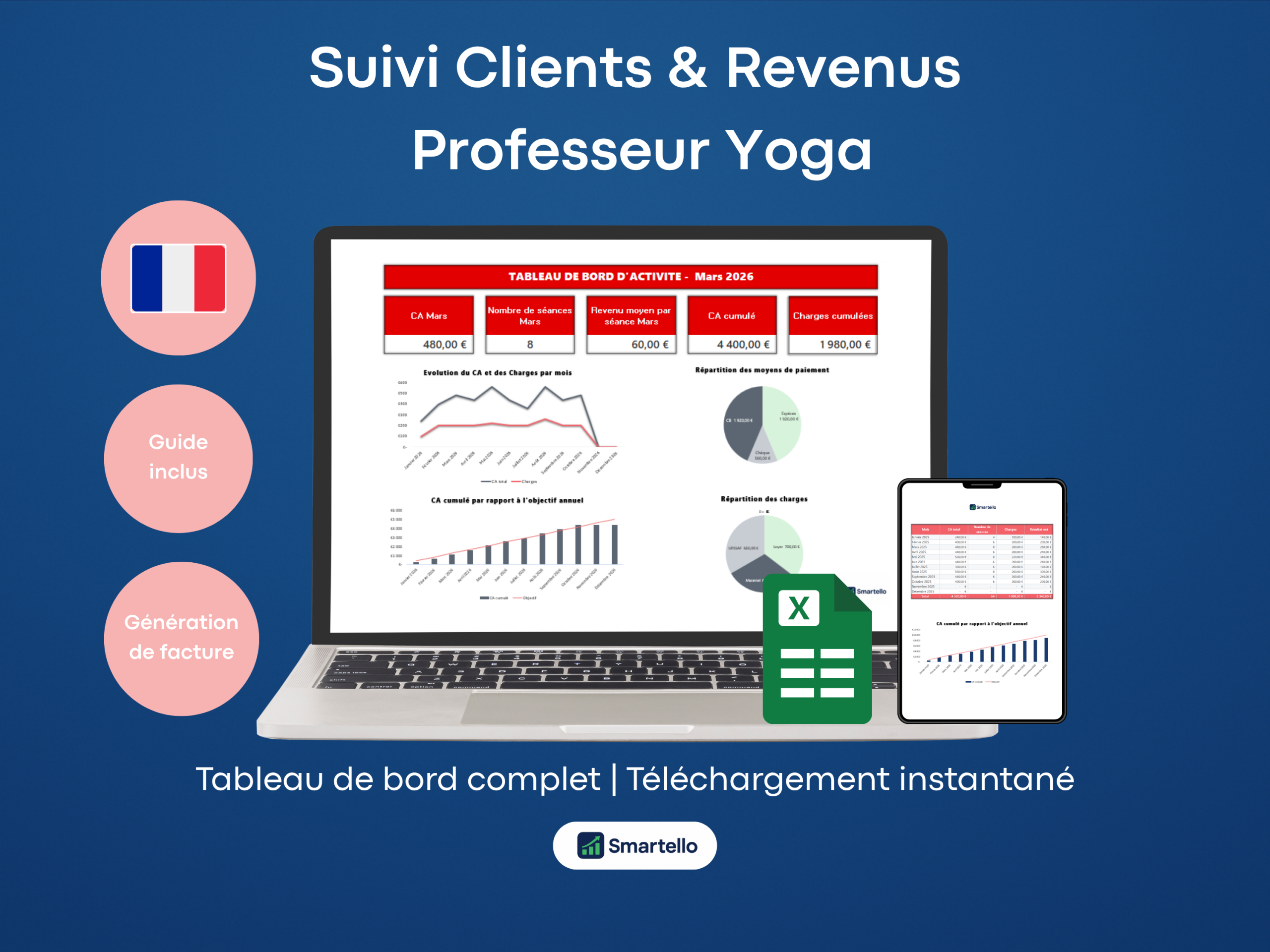 Fichier Prof Yoga Excel | Élèves, revenus & facturation automatique