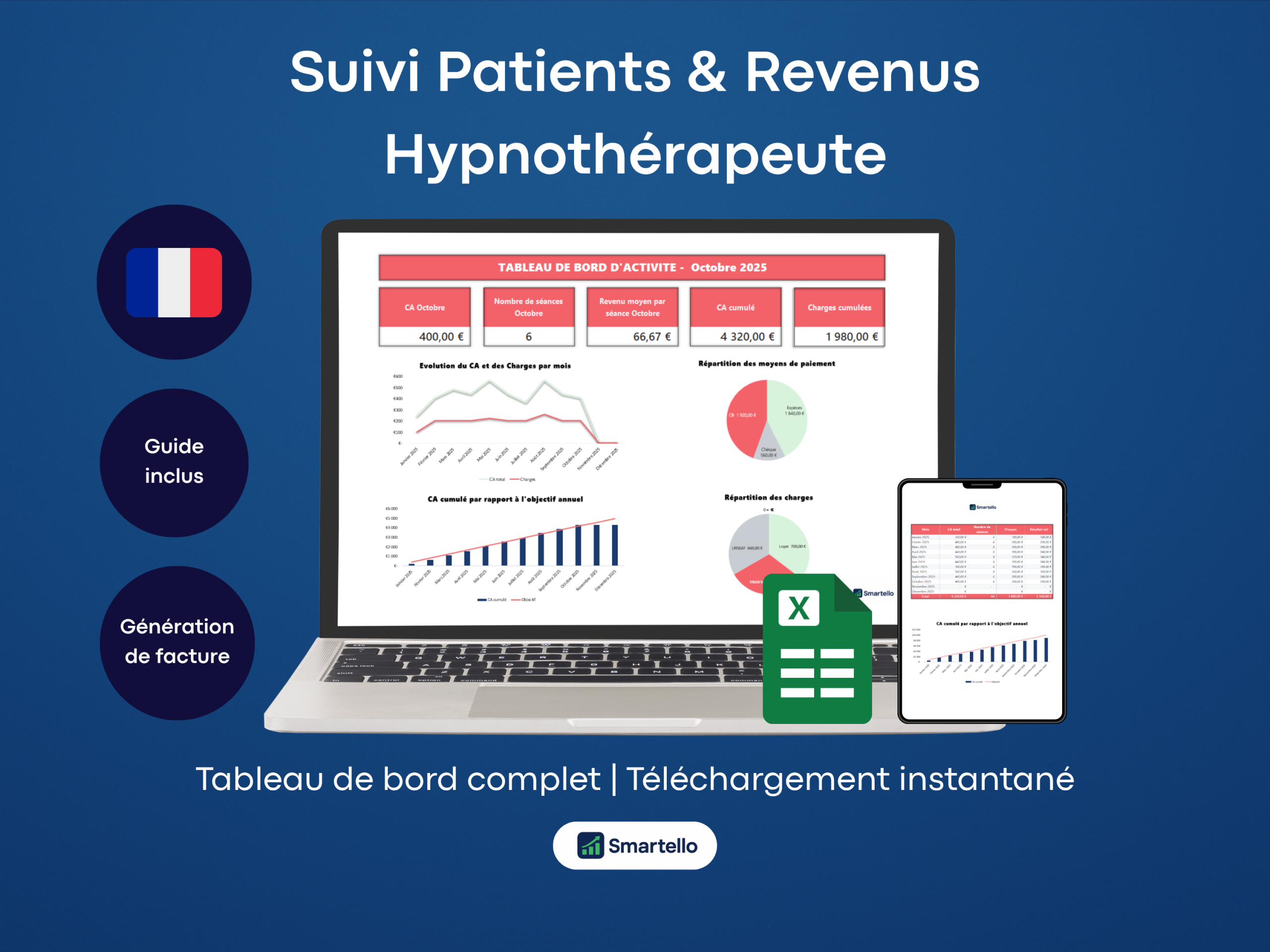 Fichier Hypnothérapeute Excel | Patients, revenus & facturation automatique