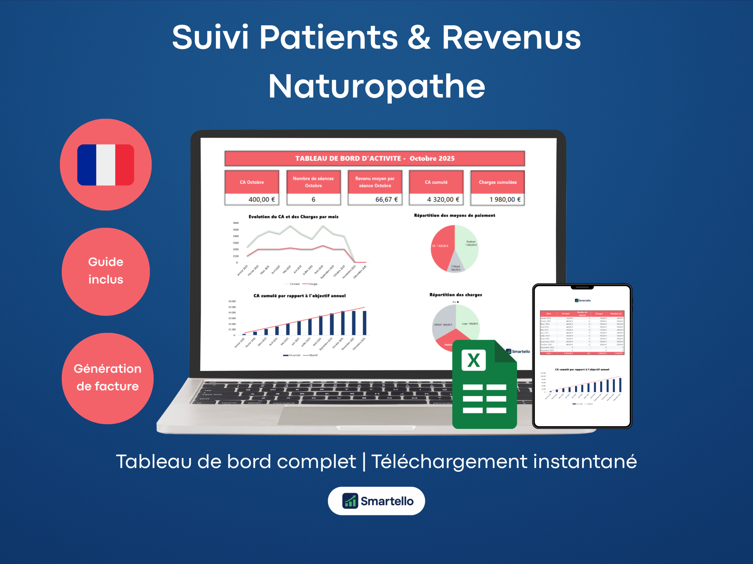 Fichier Naturopathe Excel | Patients, revenus & facturation automatique
