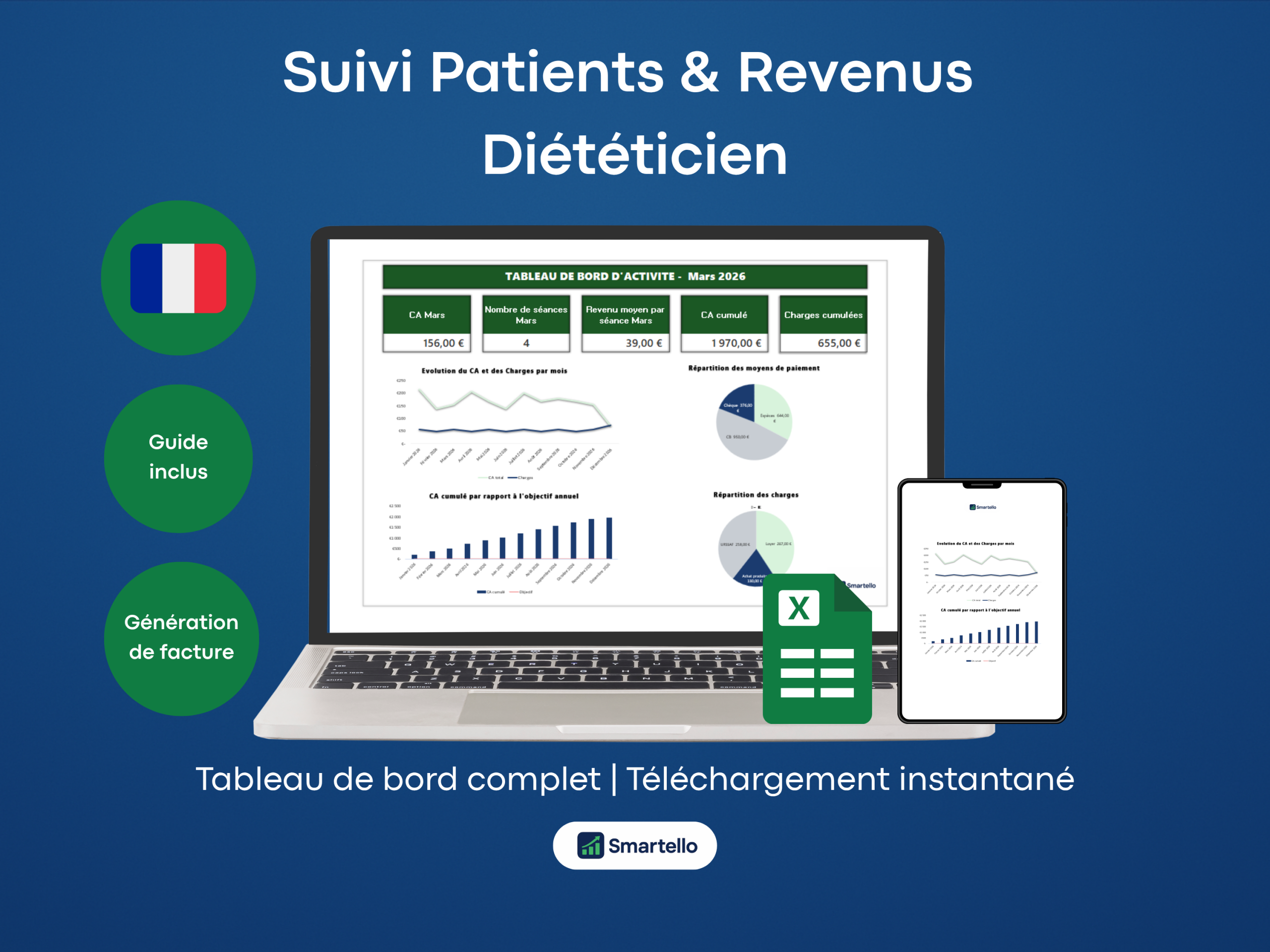 Fichier Diététicien Excel | Patients, revenus & facturation automatique
