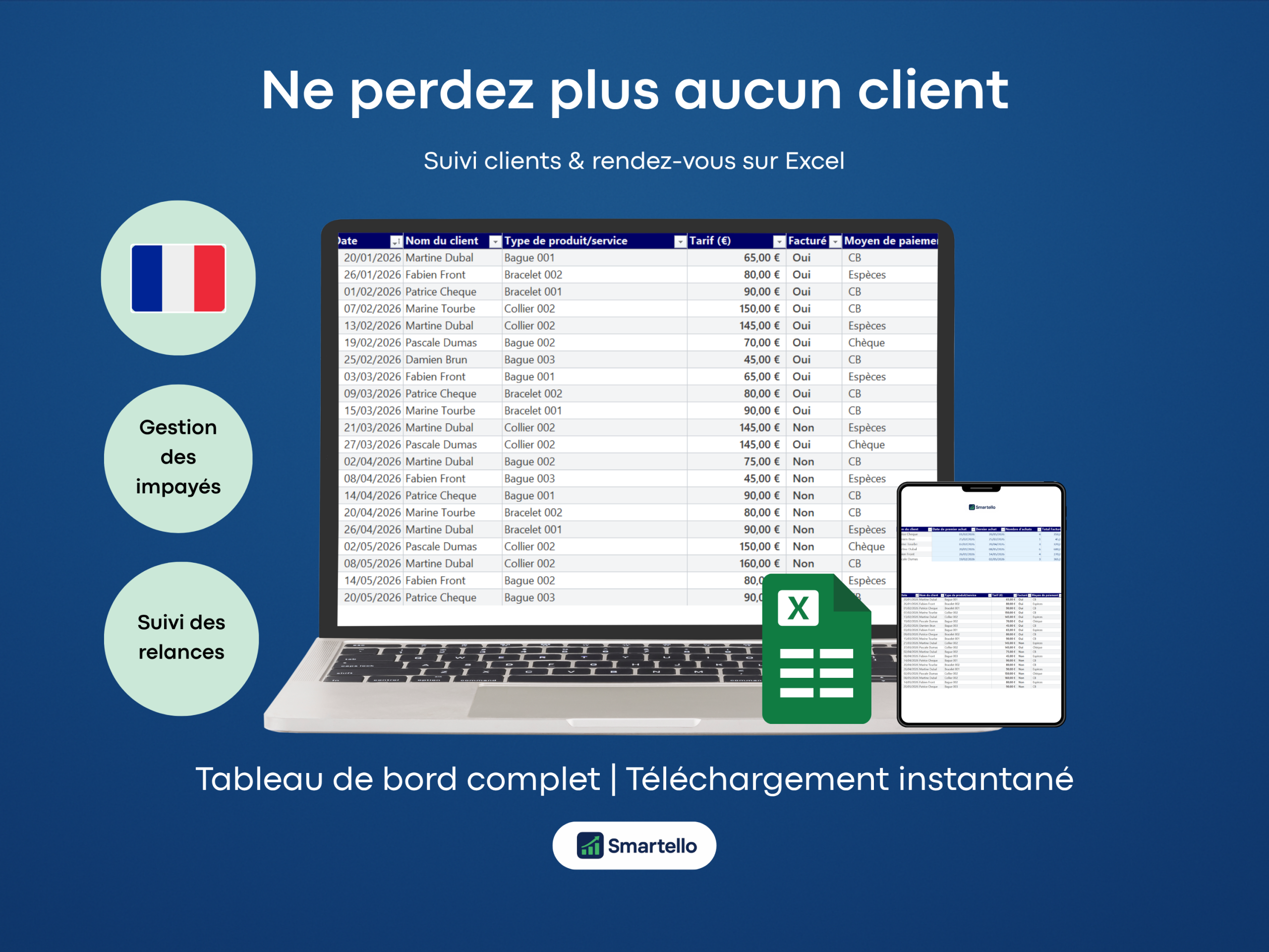 Tableau Suivi Clients Excel | Gestion simple pour indépendants