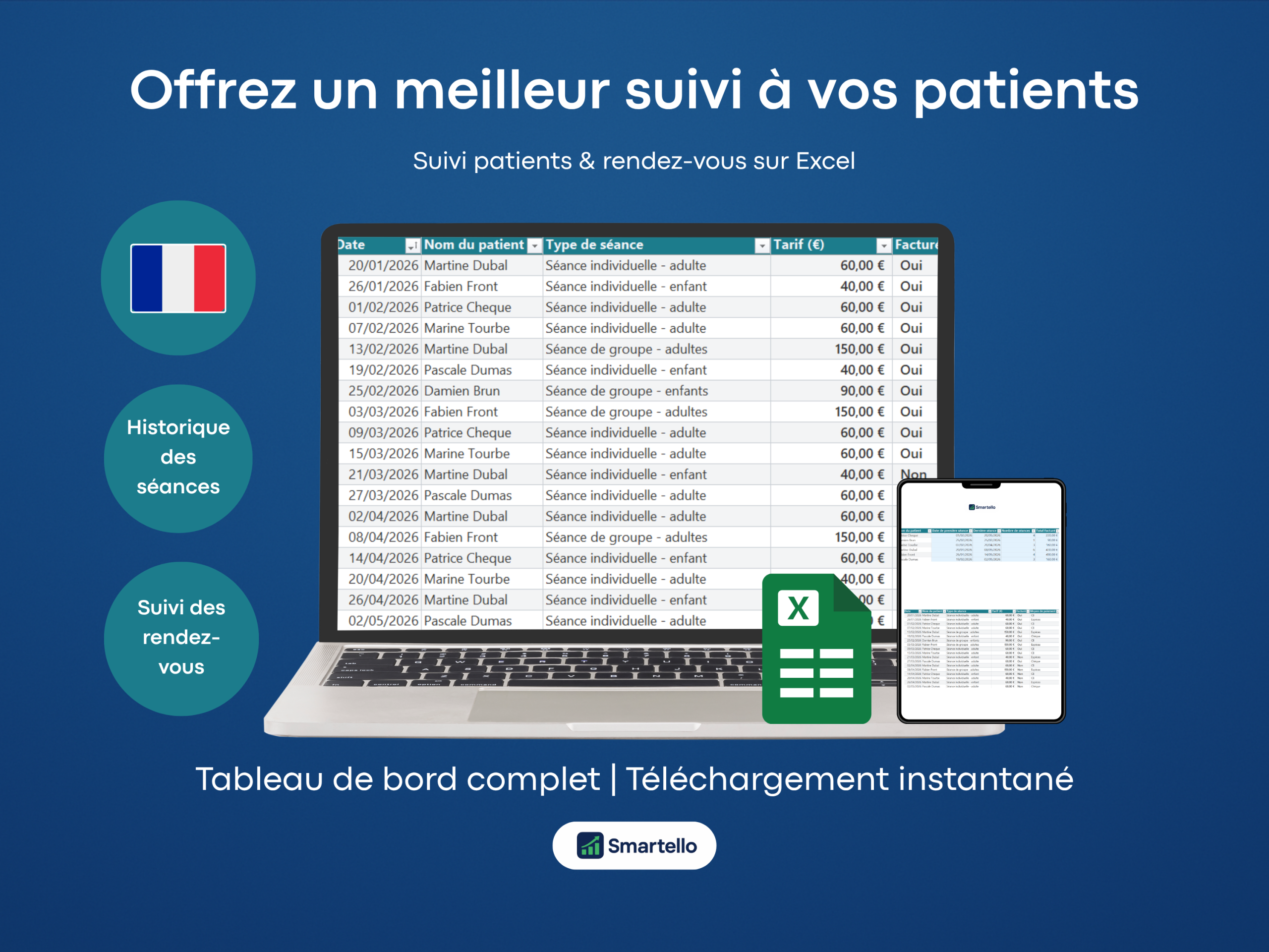 Tableau Suivi Patients Excel | Gestion simple pour praticiens