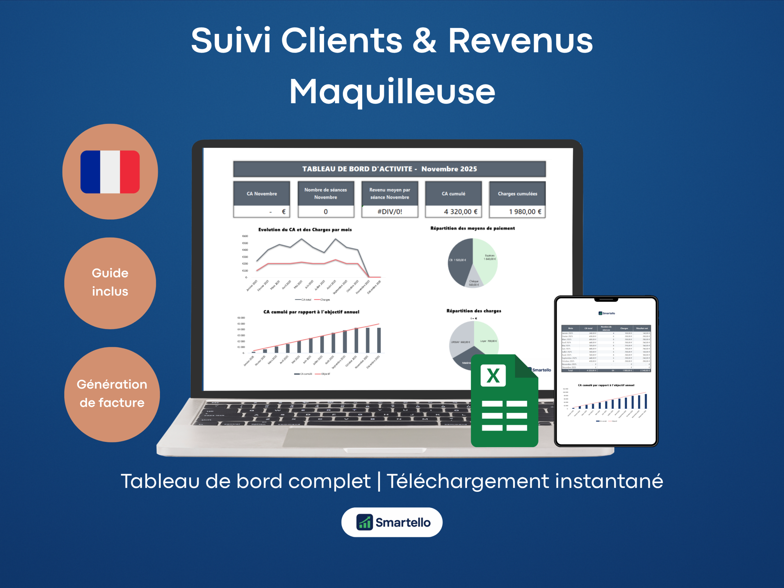 Fichier Maquilleuse Excel | Clients, revenus & facturation automatique