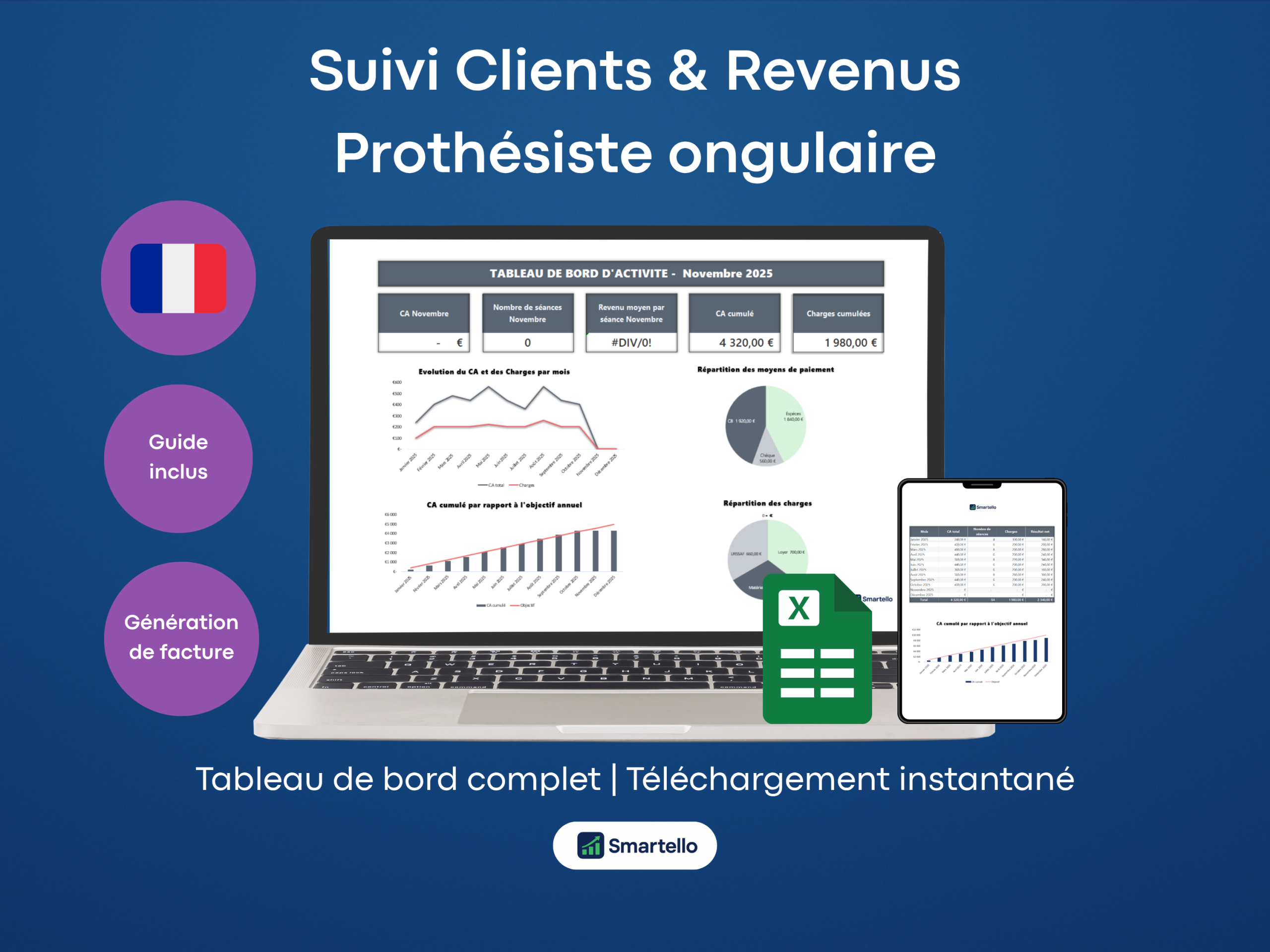 Fichier Prothésiste Ongulaire Excel | Clients, revenus & facturation automatique