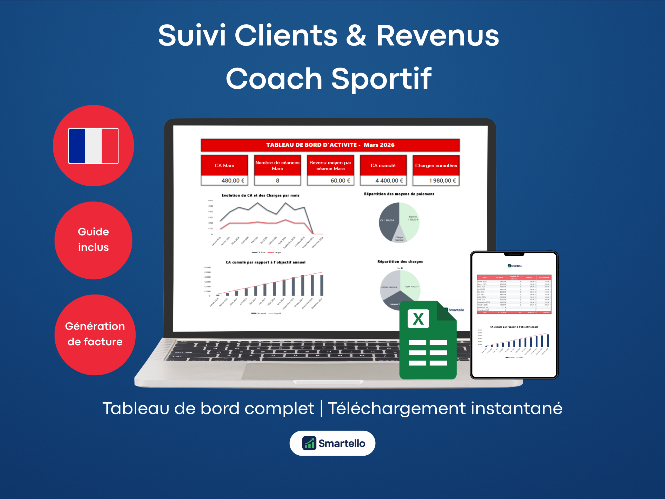 Fichier Coach Sportif Excel | Clients, revenus & facturation automatique
