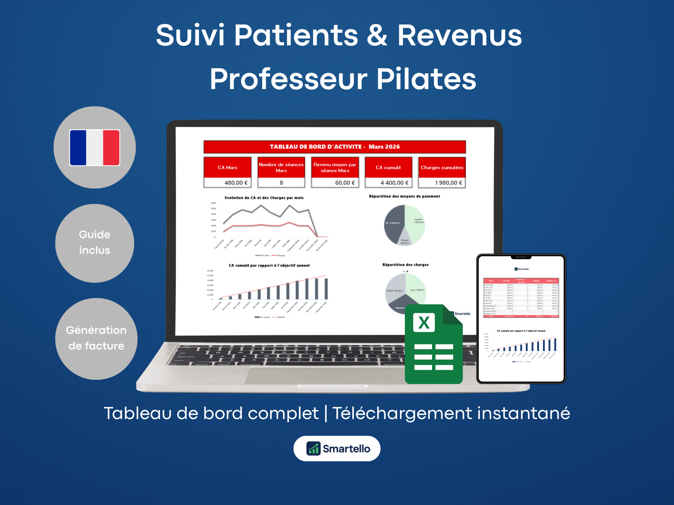 Fichier Prof de Pilates Excel | Clients, revenus & facturation automatique