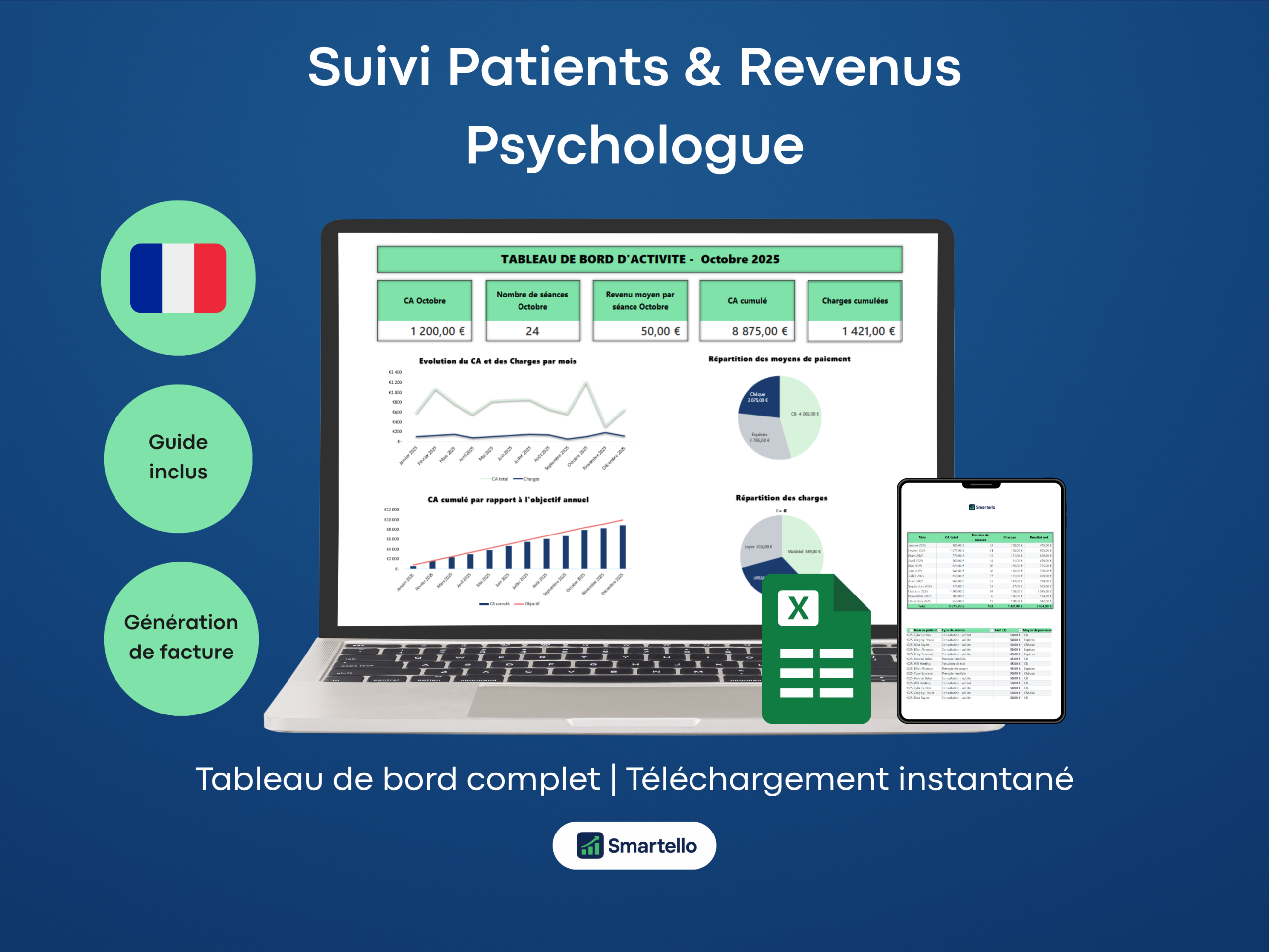 Tableau Excel Gestion Psychologue | Suivi Patients, Revenus & Facturation