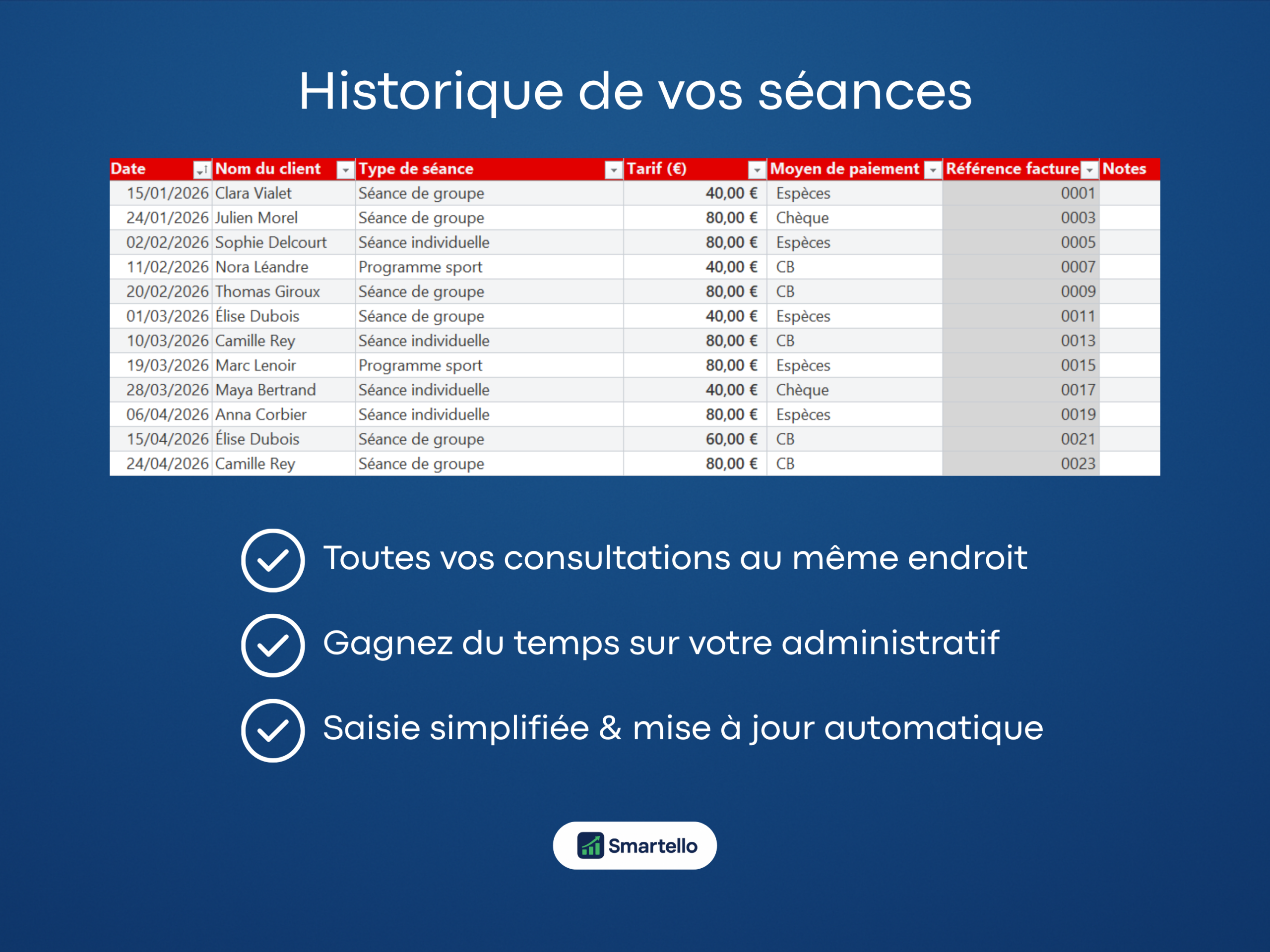 Fichier Prof Yoga Excel | Élèves, revenus & facturation automatique – Image 2