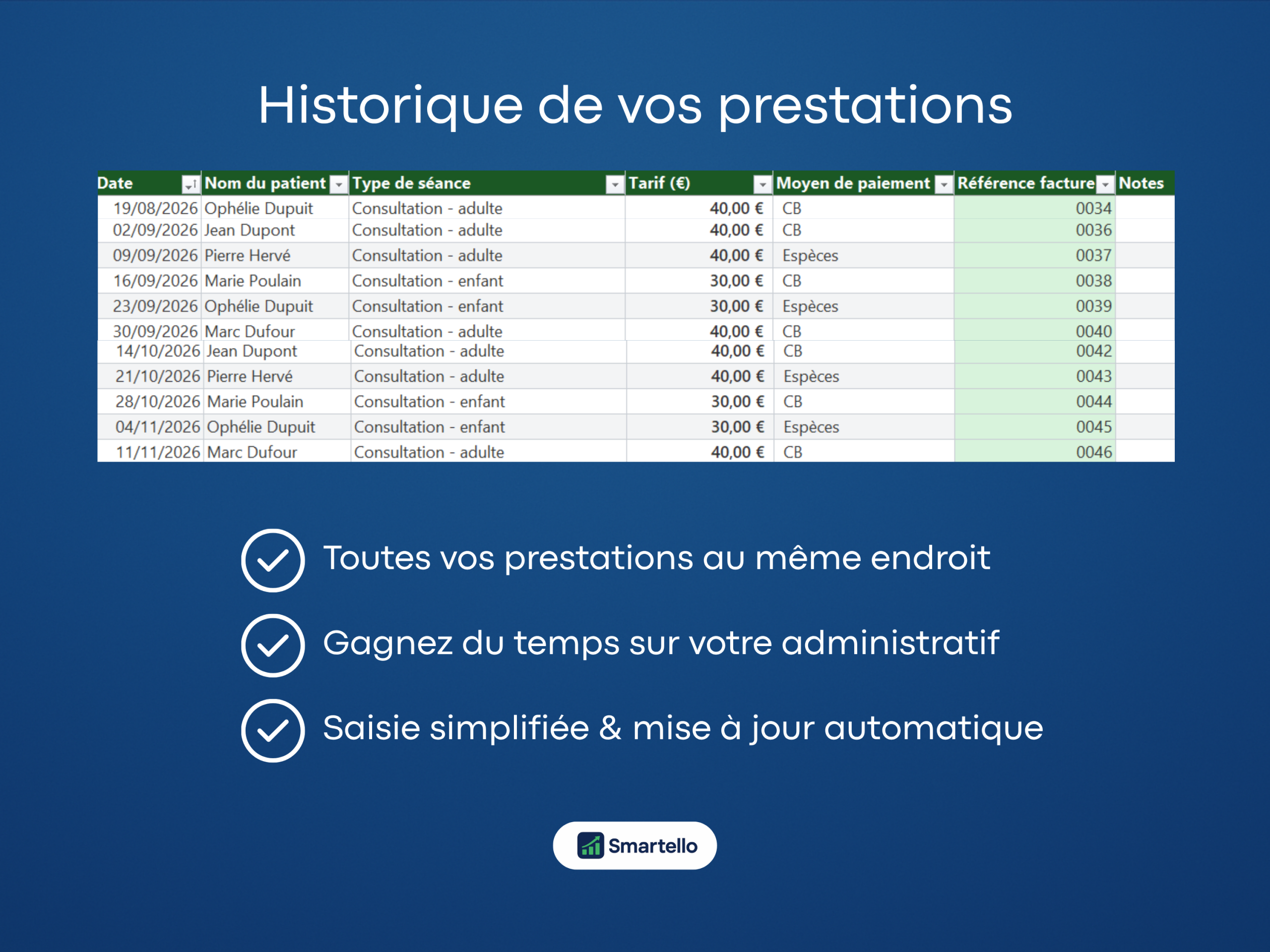Fichier Psychomotricien Excel | Patients, suivis & facturation automatique – Image 2