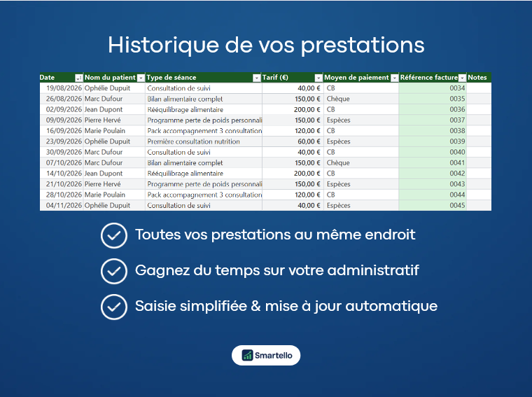 Fichier Diététicien Excel | Patients, revenus & facturation automatique – Image 2