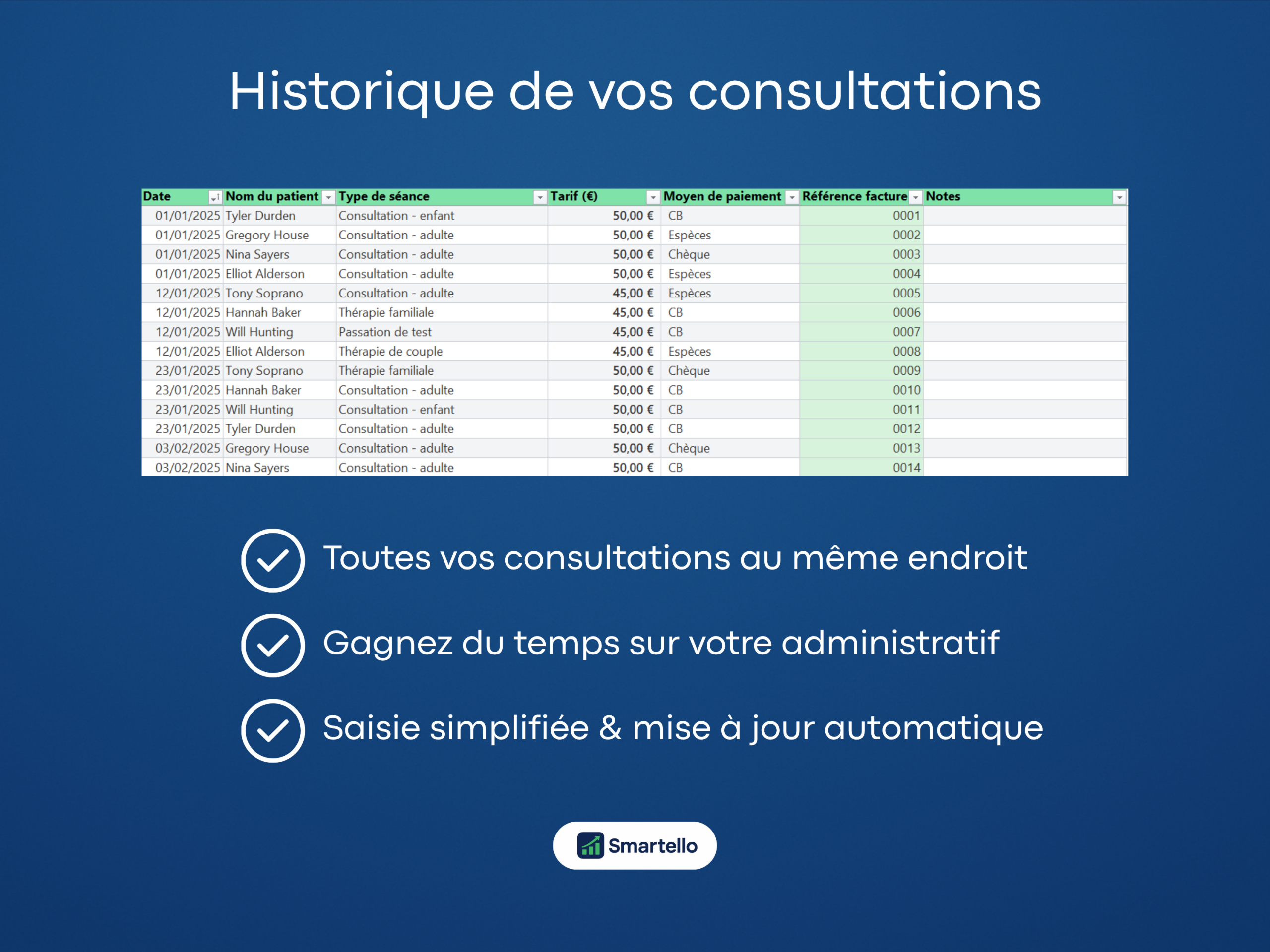 Tableau Excel Gestion Psychologue | Suivi Patients, Revenus & Facturation – Image 3