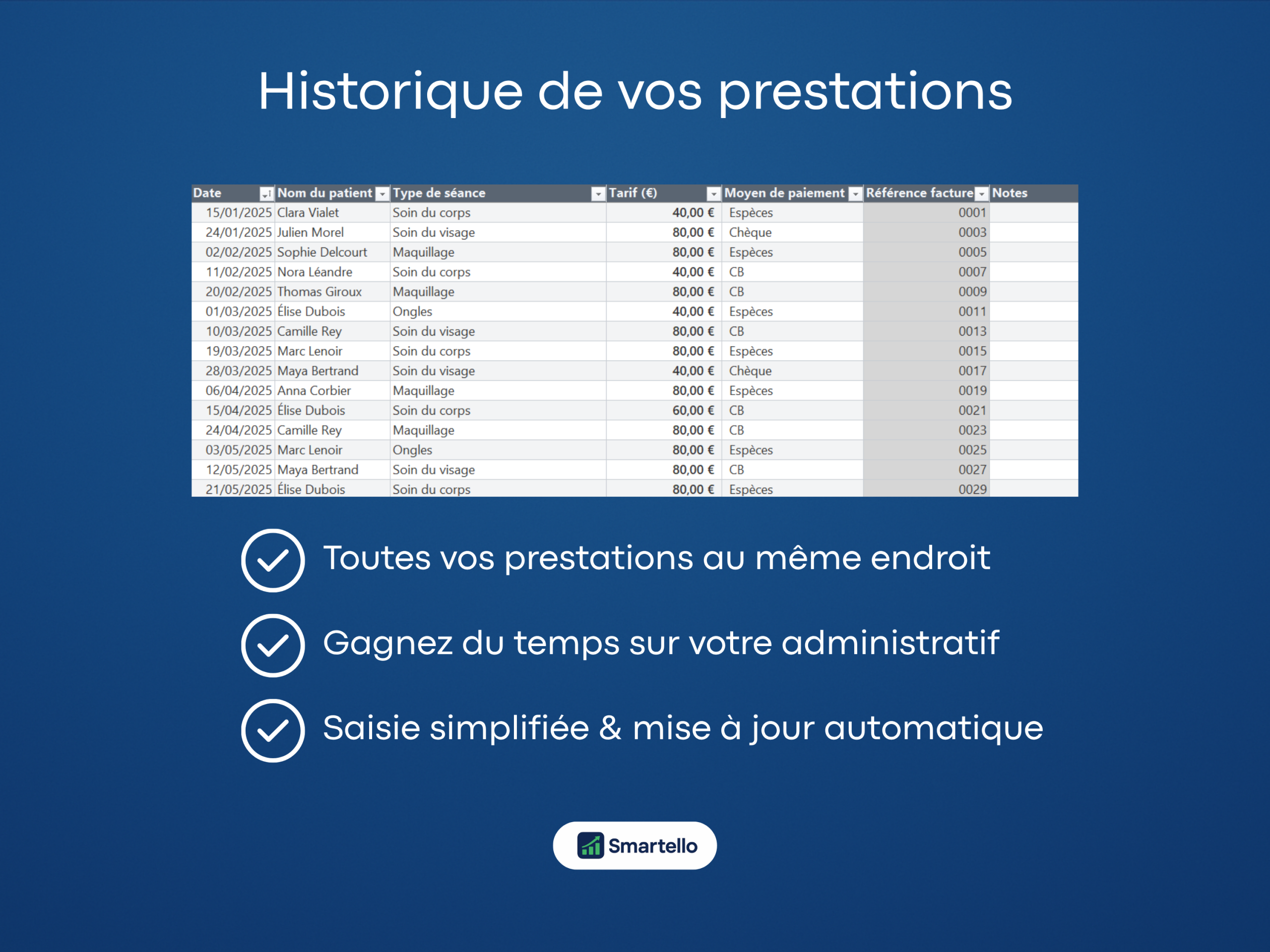 Fichier Esthéticienne Excel | Clients, revenus & facturation automatique – Image 2