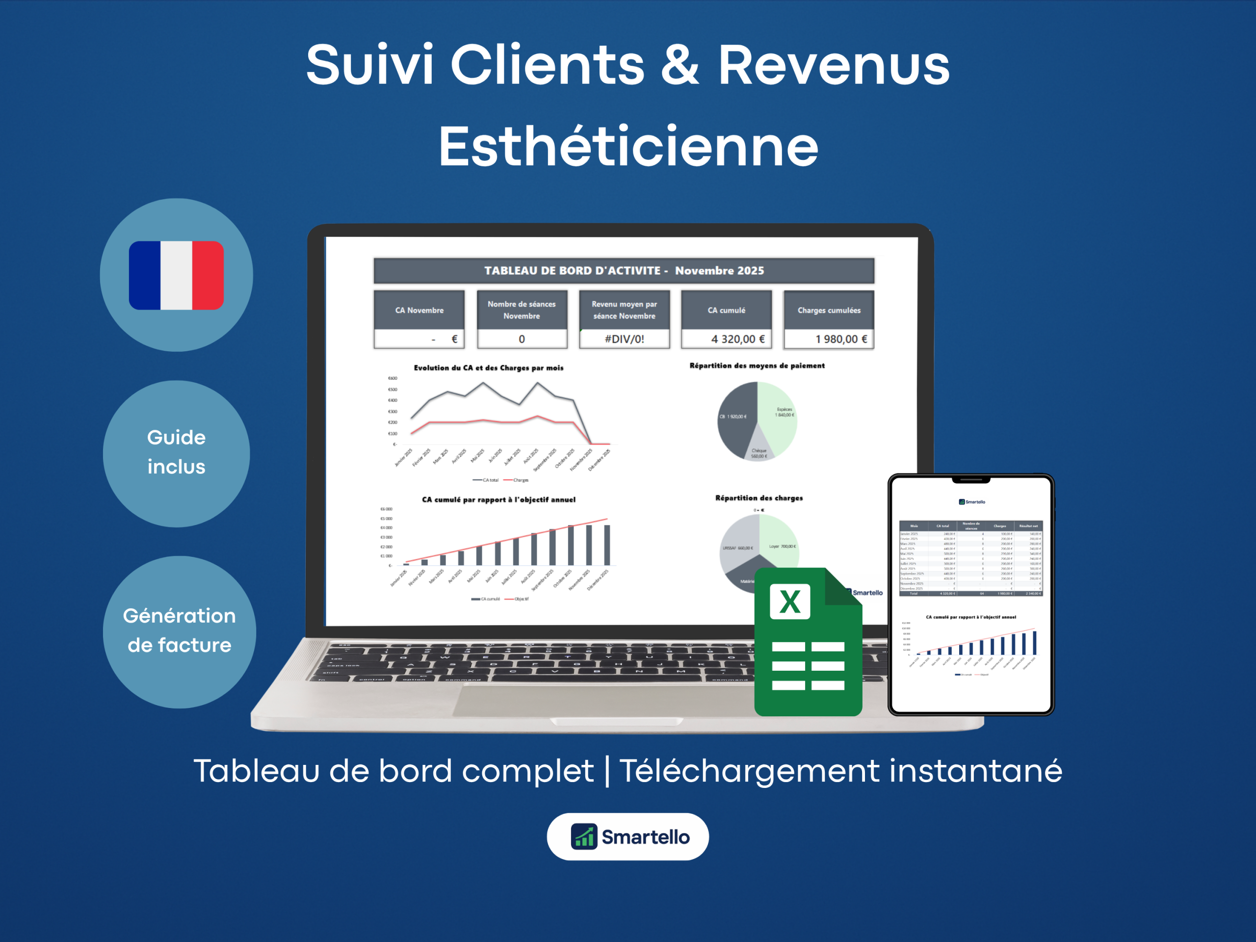 Fichier Esthéticienne Excel | Clients, revenus & facturation automatique